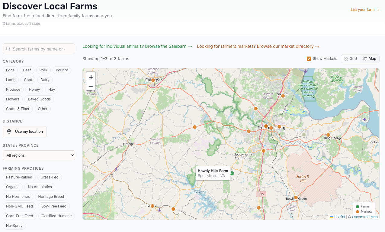Howdy Ag marketplace discover page showing farm map, search filters, and local farm listings
