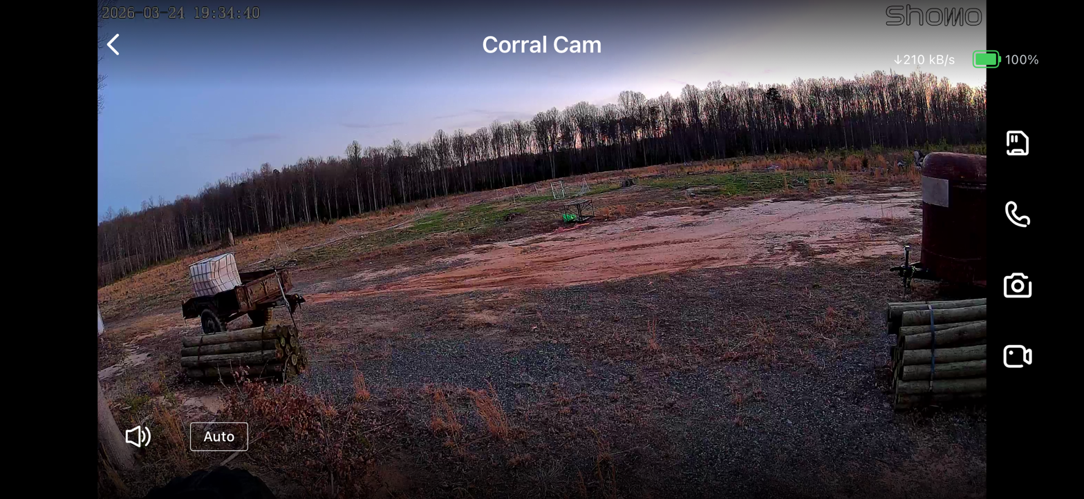 Corral Cam view showing the pasture and corral area at 1,600+ feet from the base station
